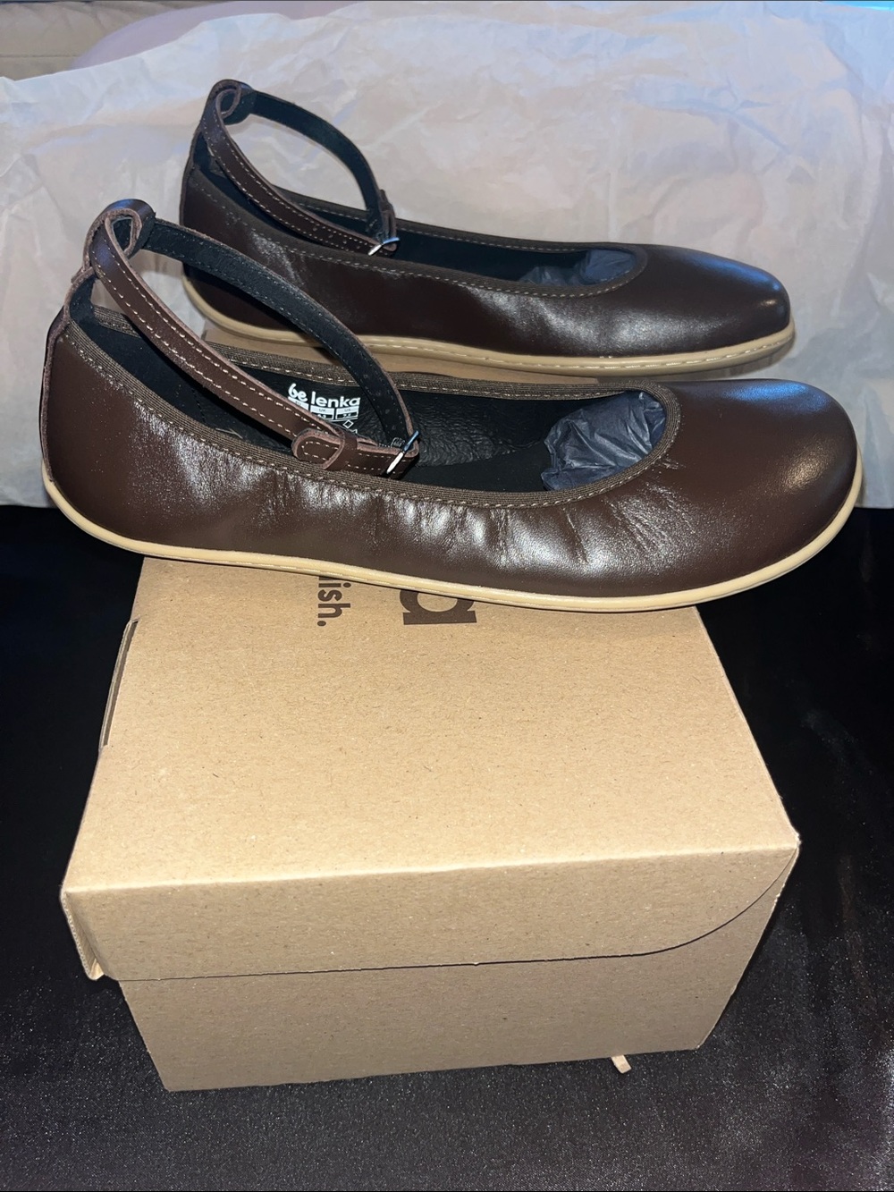 Be Lenka FLORENCE Dark Brown Leather Ballet Flat with Ankle-Strap - Picture 12 of 14